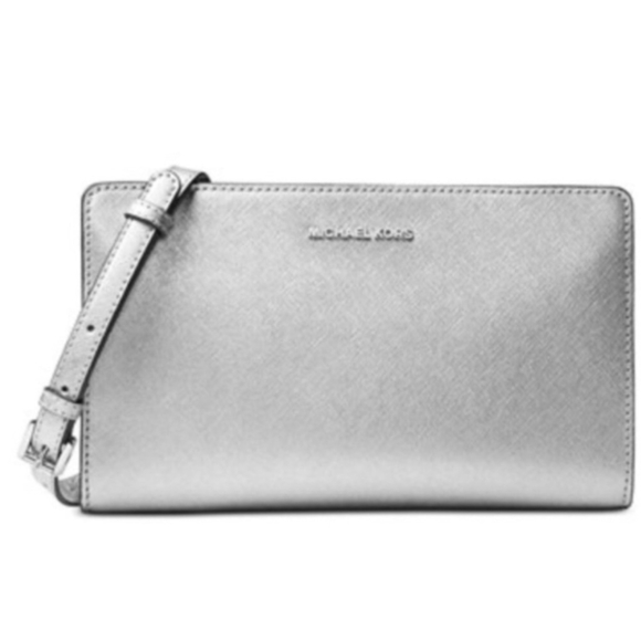 Michael Kors Handbags - Women's Michael Kors Jet Set Silver Saffiano Leather Crossbody Clutch Purse
